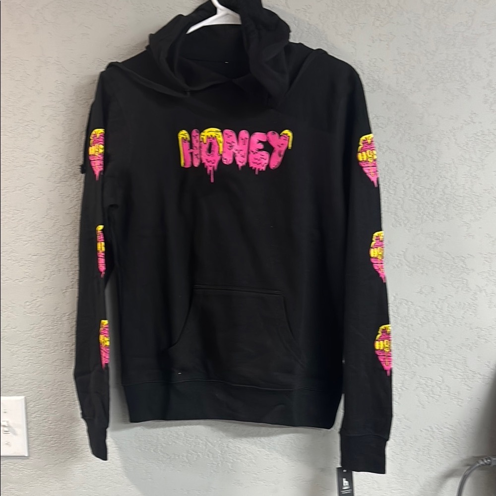 Black Hoodie with Pink and Yellow Graphic